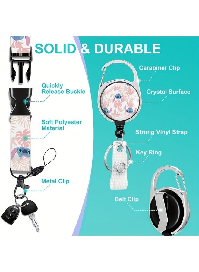 Disney 3-in-1 Disney Pink Cherry Blossom Leaf Stitch Logo Plastic ID Holder with Lanyard, Retractable ID Roller, Keychain and Extension Chain - Suitable for workers, students, bus drivers, doctors, nurses, etc. - Image 2